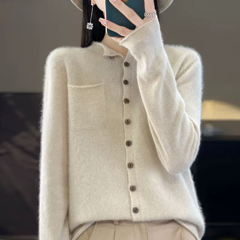 一线成衣亲肤感100%羊毛纯色开衫卷边羊绒针织保暖上衣女大量现货