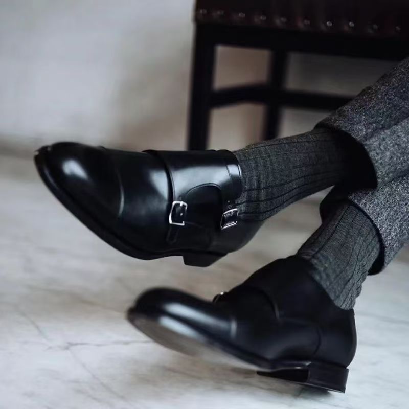 British Classic Monk Shoes with 6cm Inner Height Increase, Business Pointed Toe Formal Leather Shoes for Men, First Layer Cowhide Genuine Leather Monk Shoes 8