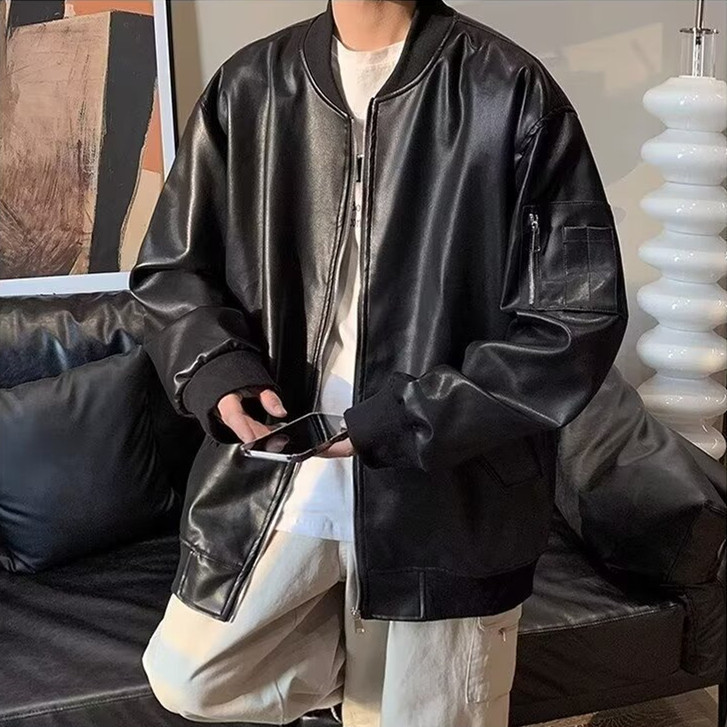 Motorcycle Leather Jacket Men's Spring and Autumn Black Loose Fashionable American Style Retro Casual Baseball Suit Trendy Brand Leather Jacket Motorcycle Leather Jacket Men's Spring and Autumn Black Loose Fashionable American Style Retro Casual Baseball Suit Trendy Brand Leather Jacket