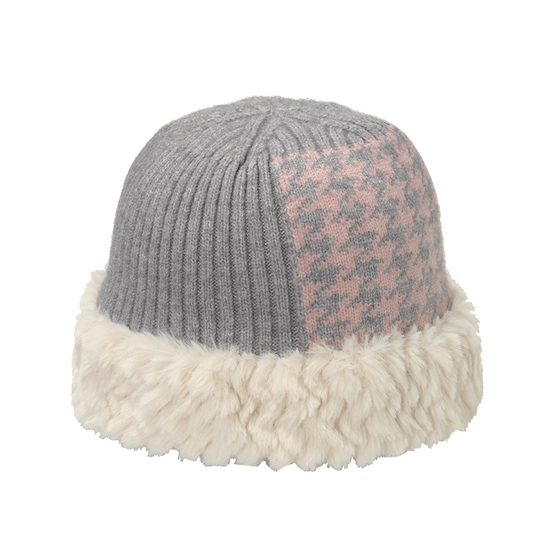 Koreansk version trend tusind fugl plaid patchwork fiskehue plys varm hue vinter strikket hue børn_voghion.com