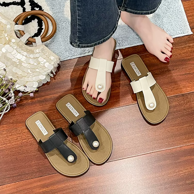 夏季拖鞋女时尚百搭仙女风珍珠网红夹趾平底一字拖居家防滑沙滩鞋
