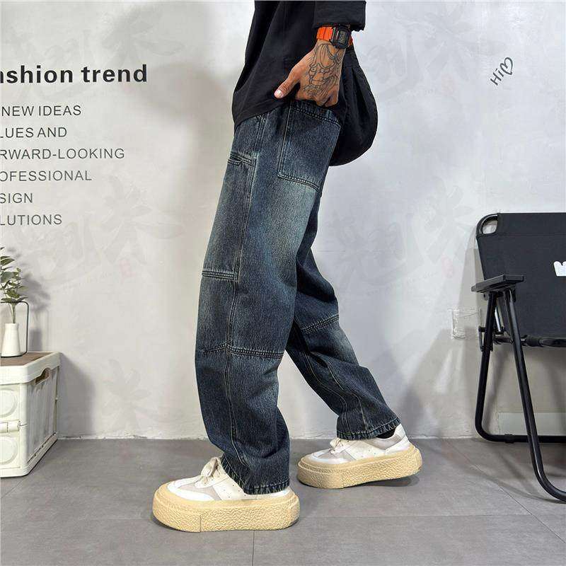 Herrenbekleidung: Lässige, lockere Jeans mit geradem, weitem Bein und Patchwork-Design, lässige Arbeitshose mit geschwungenem Bein, Frühling/Herbst_voghion.com