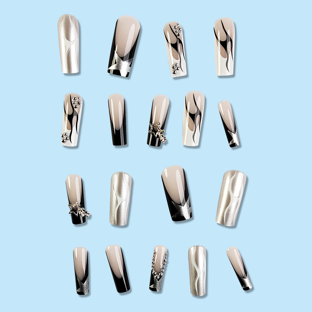 Uñas postizas europeas y americanas de larga duración, estilo francés en blanco y negro, con cadena de cuentas plateadas y estrellas, pegatinas para uñas. image 4