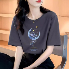 ゆったりとした純綿半袖Tシャツレディース夏新作美しいトップデザインプリント半袖レディースラウンドネック夏