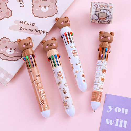 Cartoon bear ten-color ballpoint pen cute pressing handbook writing pen student learning writing stationery holiday gift