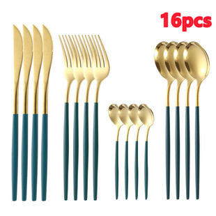 Cross-Border Amazon Stainless Steel Western Tableware Steak Knife, Fork and Spoon Creative Gold-Plated Portuguese Knife, Fork and Spoon 16-Piece Set