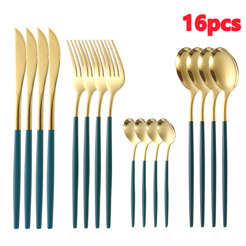 Cross-Border Amazon Stainless Steel Western Tableware Steak Knife, Fork and Spoon Creative Gold-Plated Portuguese Knife, Fork and Spoon 16-Piece Set