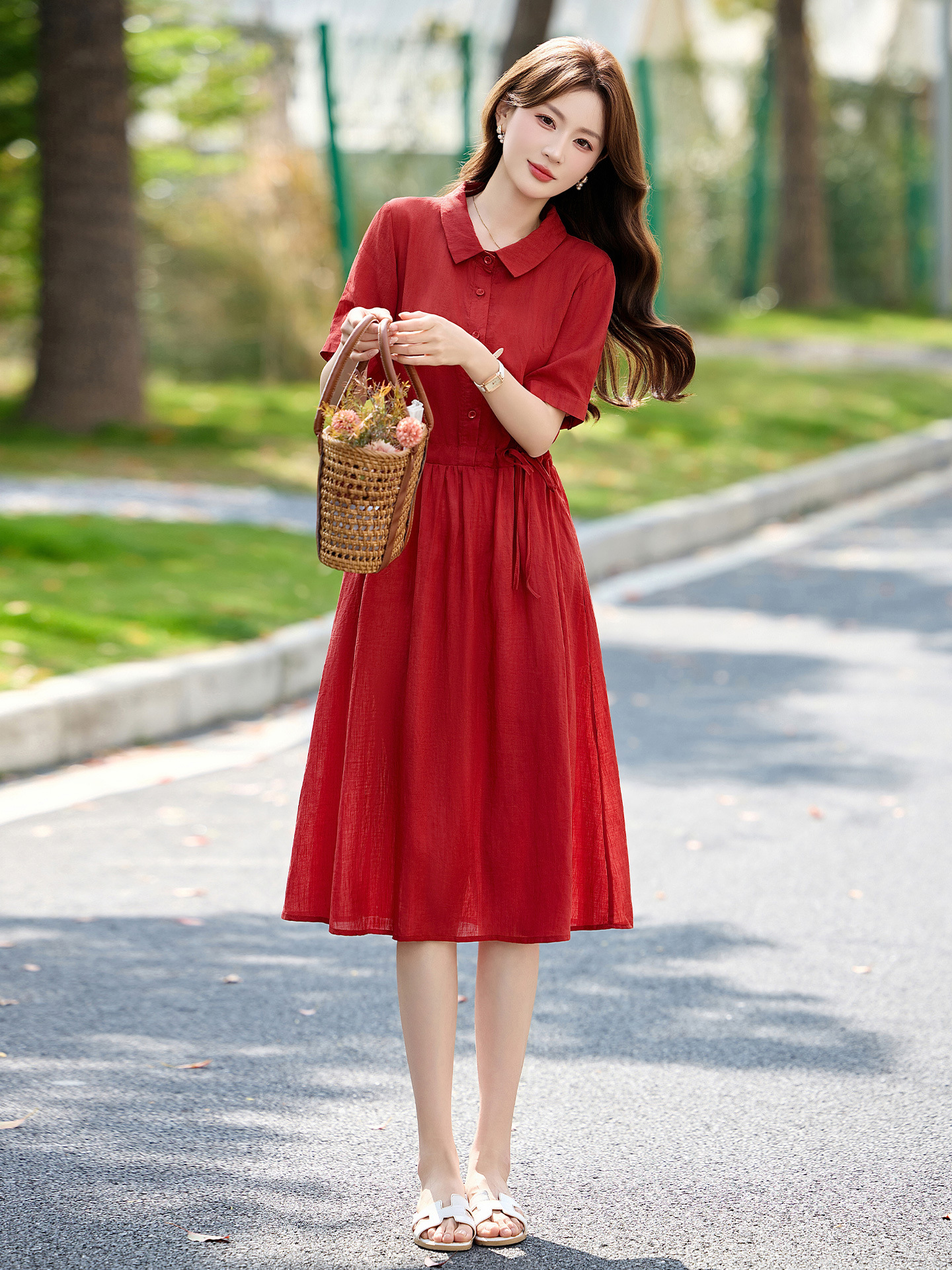 Đầm suông nữ midi dây rút eo cổ điển tay ngắn — Xanh lông mòng đen, màu đỏ