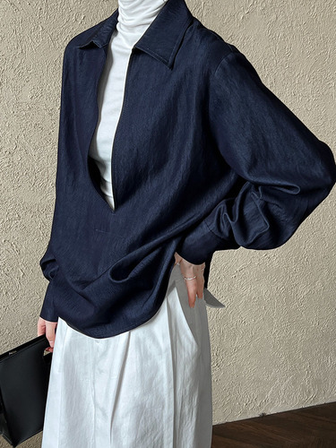 Luxi light mature long-sleeved V-neck shirt for women 2025 autumn new fashionable imitation denim overlap top 8696