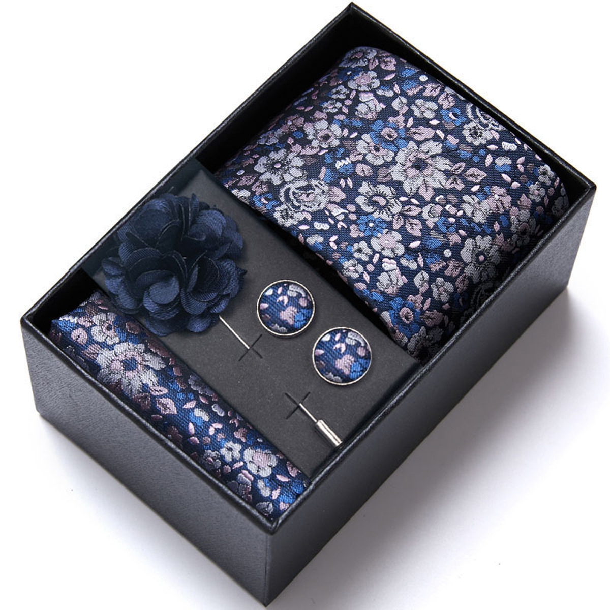 男性の新しい青いストライプのプリントネクタイのスカーフのカフスの胸の花のギフトボックスの包装の贈り物の佳品は祝日に適します。