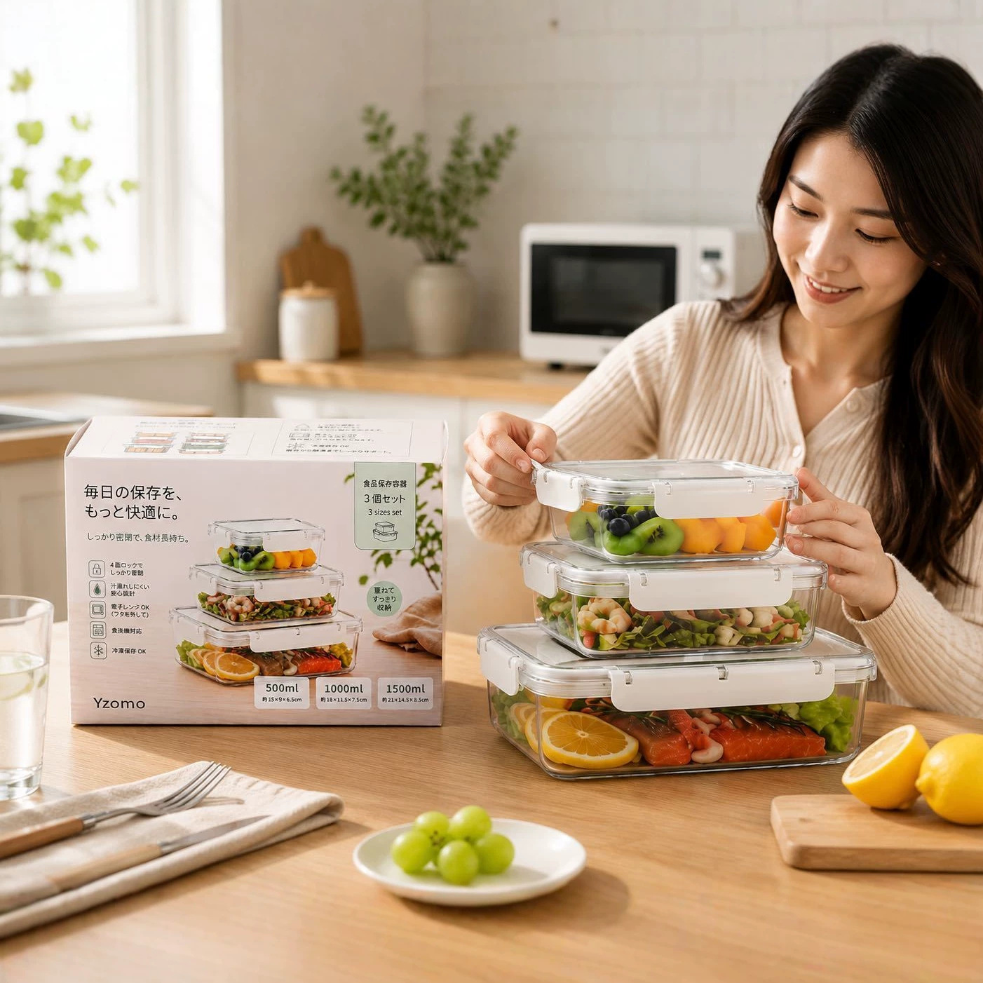 Yzomo四扣食品保鲜盒三件套PET透明卡扣密封收纳盒冰箱果蔬备餐