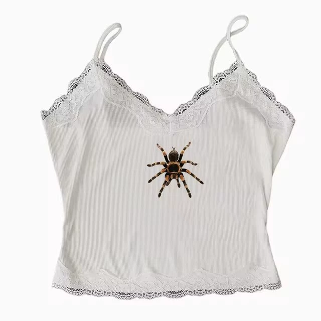 Lace-trim fitted camisole, cute print American style, multiple colors S–L