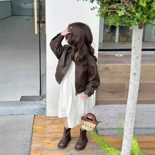 Children's leather jacket 2025 spring new small and medium children's denim jacket for girls short-sleeved leather outerwear trendy