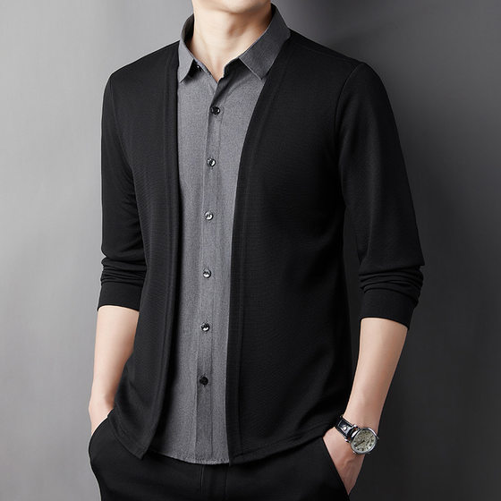 Men's Cardigan Fake Two-piece Spring and Autumn Non-ironing Long-sleeved Top Base Shirt Sweater T-shirt Skin-friendly Fashionable All-match Suit