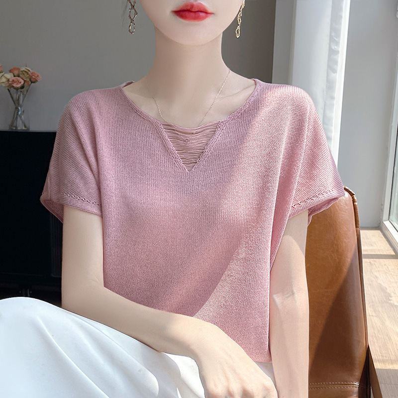 Tencel Linen Pure Color Knitted Short-Sleeved Women's T-Shirt Top Summer Thin Versatile Small Flying Sleeve Bottoming Shirt Inner Wear
