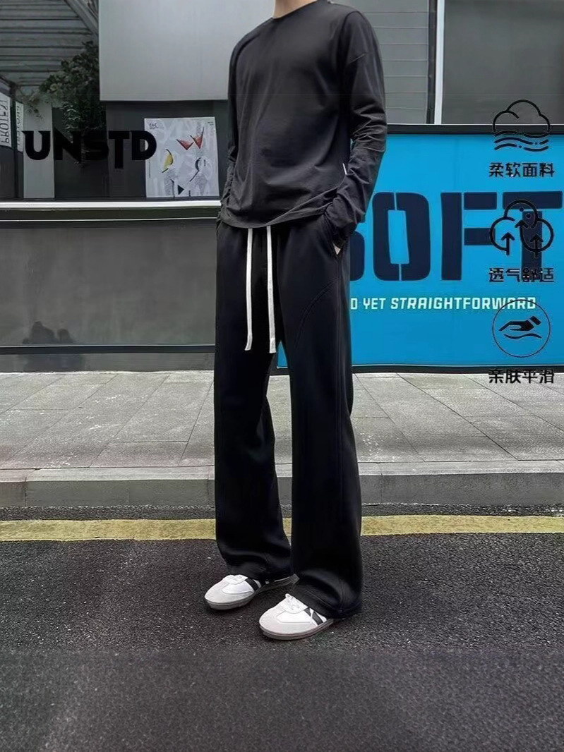 White Floral Gray Straight-Leg Curved Sweatpants for Men, Autumn and Winter Fleece-Lined Drape Sports Pants, American-Style Slanted Casual Flared Pants 3