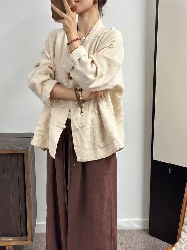 新中式女装高品质亚麻上衣女纯色文艺复古对襟衬衫女中式改良茶服|undefined