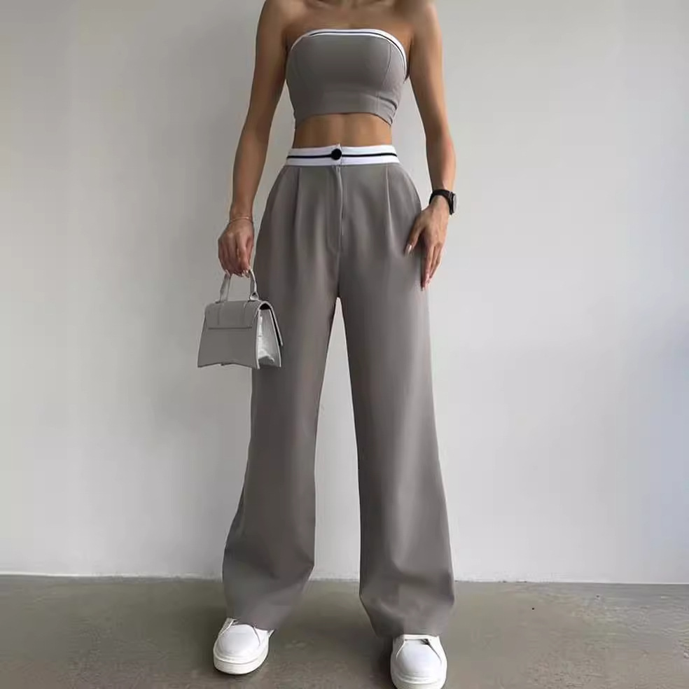 European and American Foreign Trade women's clothing new hot girls wear sports vest tube top contrast color high waist wide leg pants casual suit