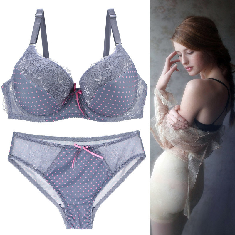Cross-Border Hot Selling Large Size Push-Up Bra Set Polka Dot Lace Sexy Comfortable Bra and Panties Set Factory Wholesale