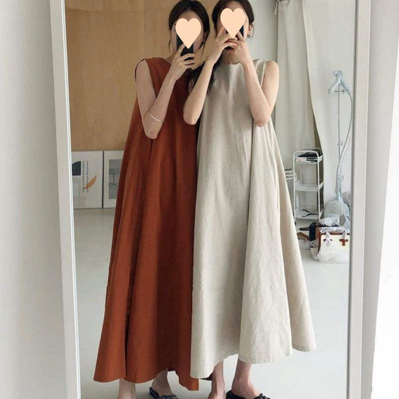Корейский стиль, круглый вырез, свободная однотонная длинная юбка без рукавов с большим подолом, ленивый стиль, летний новый стиль