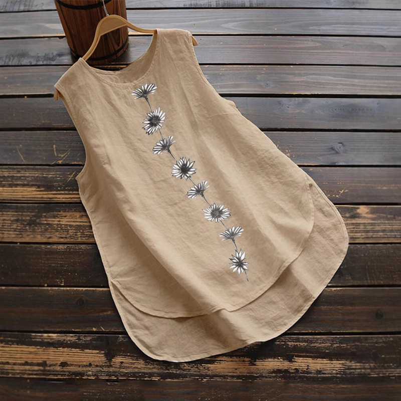 AliExpress 2021 Summer Daisy Printed Sleeveless Round Neck Casual Vest Women's Cotton and Linen Top Spot