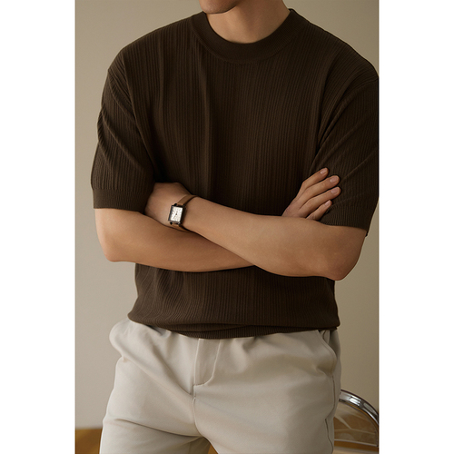 Knitted shirt, short-sleeved T-shirt, men, hollow ice silk, breathable summer, Henry collar, old money style, casual cross-border factory wholesale