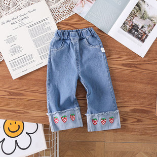 Spring and Autumn Girls' Jeans Western-style Girls' Jeans Girls' Pants Denim Strawberry Straight Leg Pants