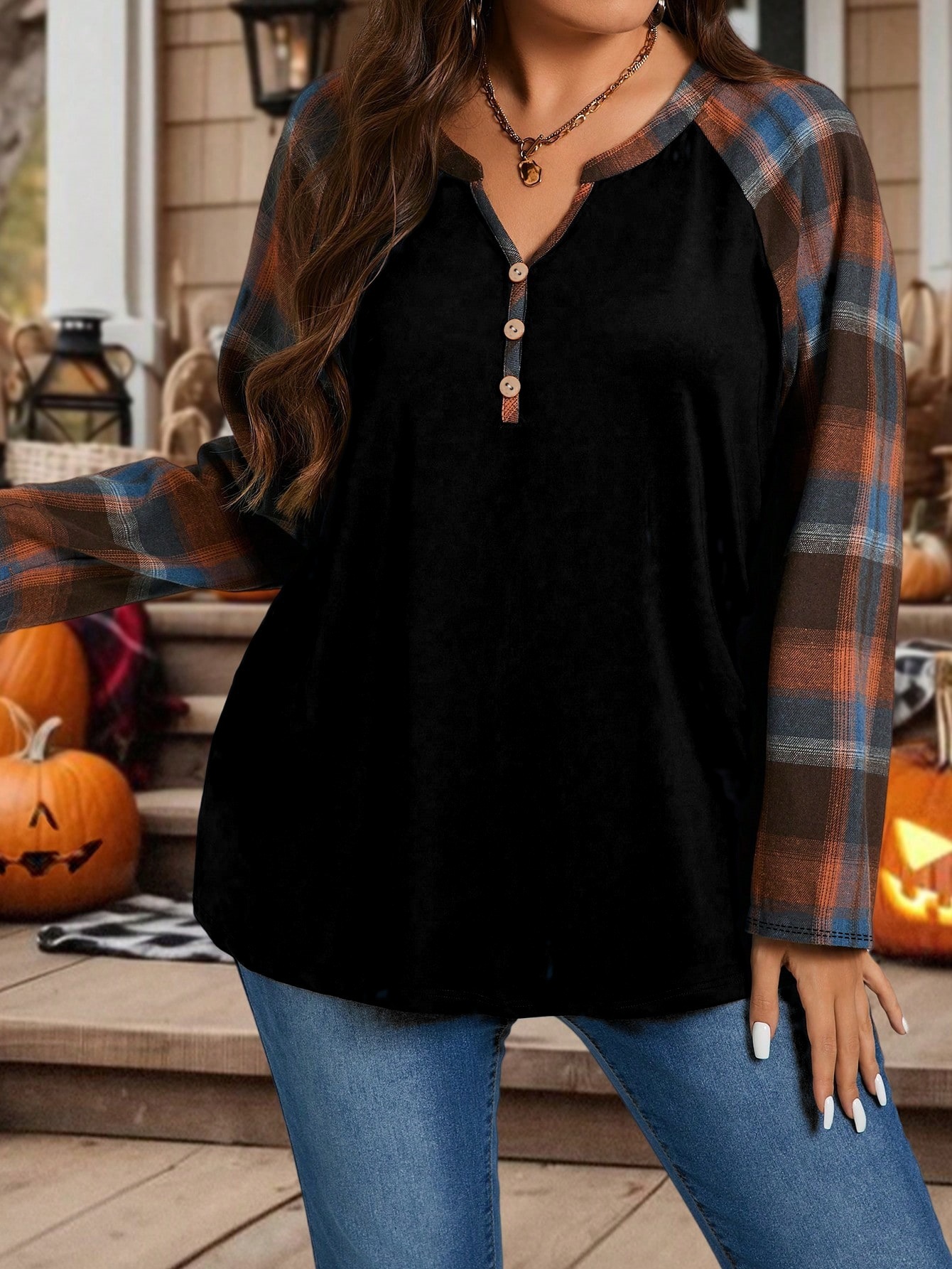 Transfronterizos de moda de gran tamaño de mujer primavera, otoño, invierno, retro empalme, camisa de manga larga, Halloween, elementos festivos relajados image 4