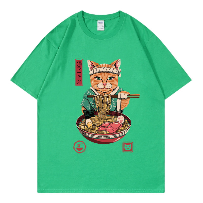 New Zhuoli station Kung Fu cat eating noodles printed t-shirt men's and women's Casual Short Sleeve round neck top_voghion.com