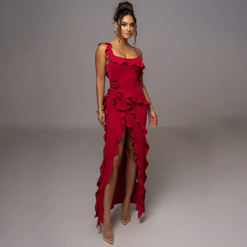 Women's Clothing new sexy fashion solid color backless slit splicing suspender long skirt_senzul.com