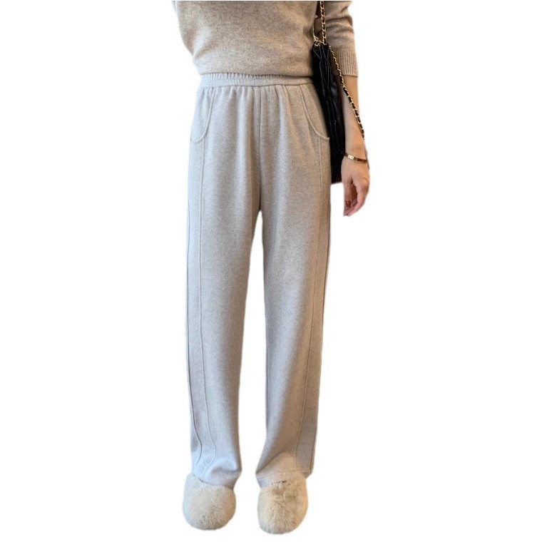 두꺼운 기모 울 모직 바지 여성  하이 엔드  2024 겨울 새로운 높은 허리 헤링본 스트레이트 바지 넓은 다리 바지