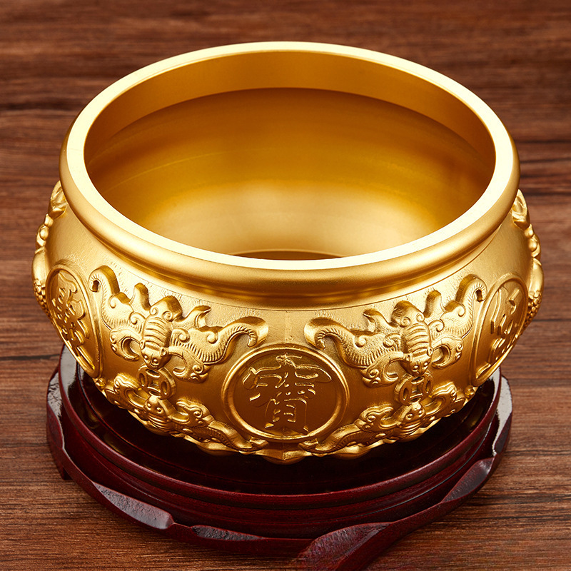 直播八福聚宝盆纯黄铜摆件双鱼聚宝盆装满元宝黄铜工艺品摆件