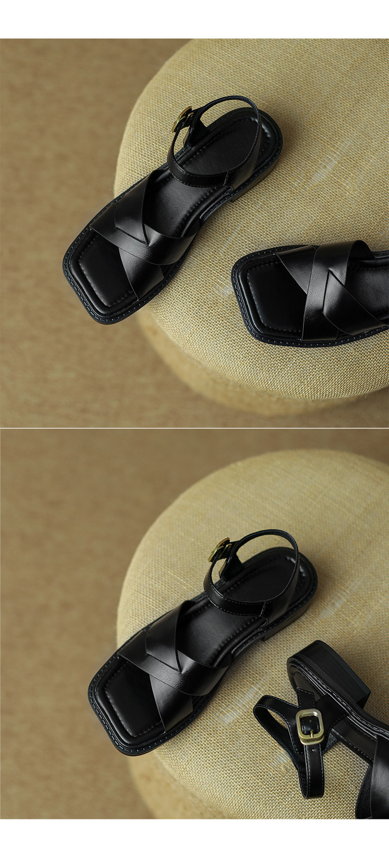 Sandal hở mũi nữ gót thấp quai ngang kiểu La Mã, size lớn 34–41 — nâu chi tiết 8