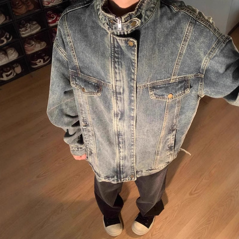 Denim Coat Men's Spring and Autumn American Style Retro Washed Old Loose Casual New Style Handsome Collar Short Work Jacket