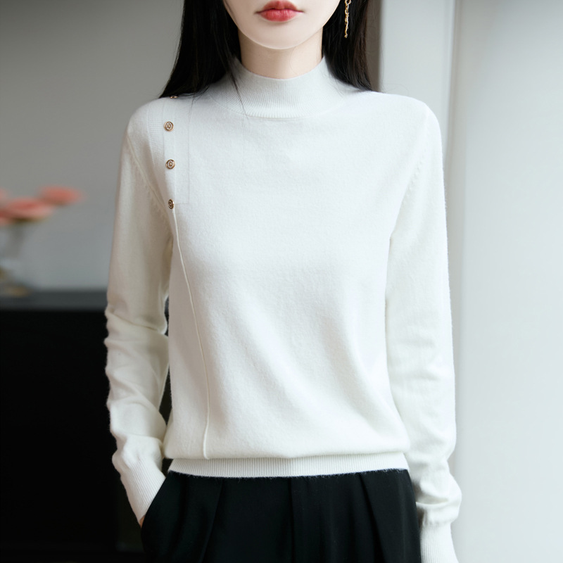 2025 Autumn and Winter Side Beaded Half Turtleneck Long-Sleeved Knitted Bottoming Shirt Top Loose Pullover Inner Sweater for Women