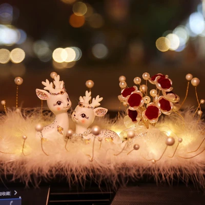 Car ornaments Deer, High-End Goddess Dashboard - diamond-auspicious-cloud-deer-diamond-red-rose-pearl-feather-cushion