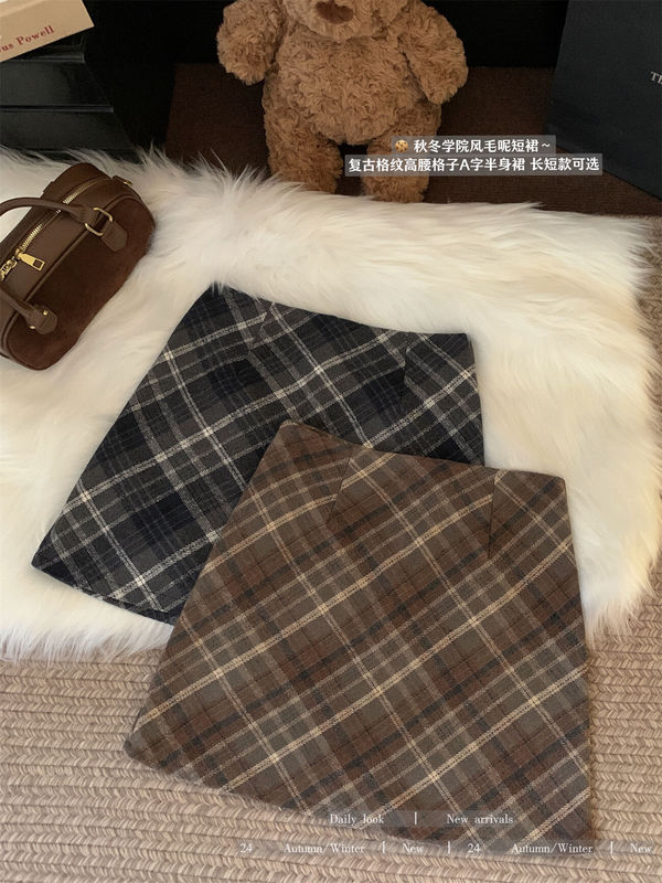 美拉德毛呢格子半身裙女大码夏季加厚复古a字中长款呢子包臀长裙|undefined