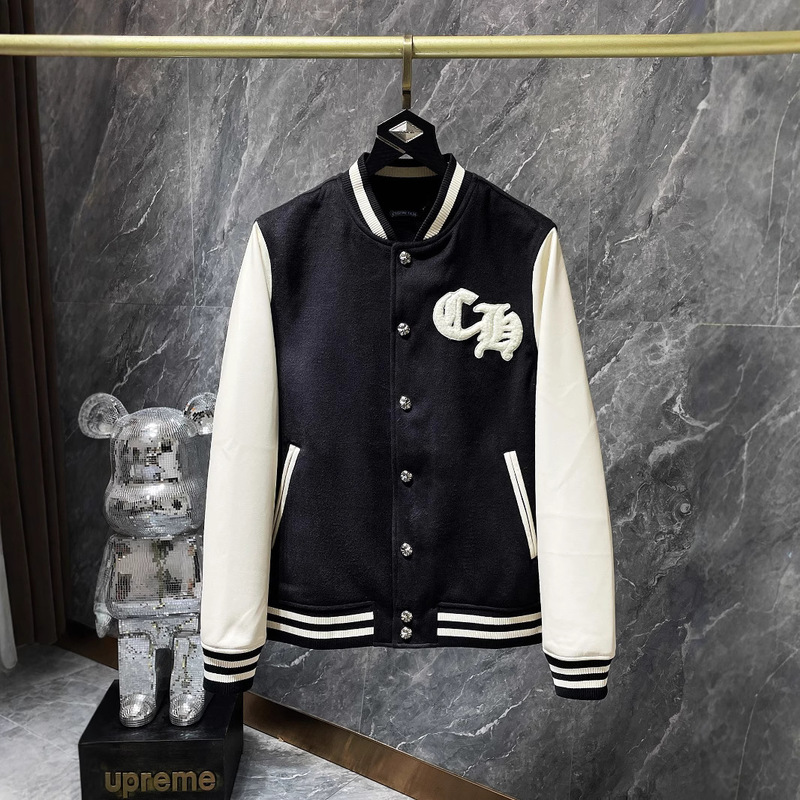 25 New Ch Crowe Sanskrit Cross Trendy Brand Woolen Leather Sleeve Splicing Baseball Embroidered Jackets for Men and Women