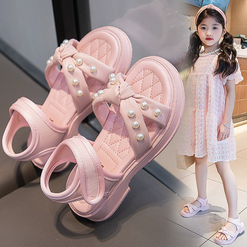 Маленькая девочка сандалии для девочек лето новый жемчуг детская обувь девушка иностранная принцесс обувь нескользящая пляжная обувь