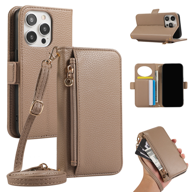 Suitable for iPhone Apple 17Promax Zipper Mobile Phone Case Crossbody Long and Short Lanyard Cosmetic Mirror Flip Protective Cover