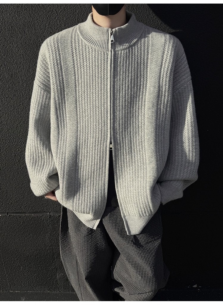 Men's Stand Collar Knit Cardigan Oversized Pullover Sweater_voghion.com