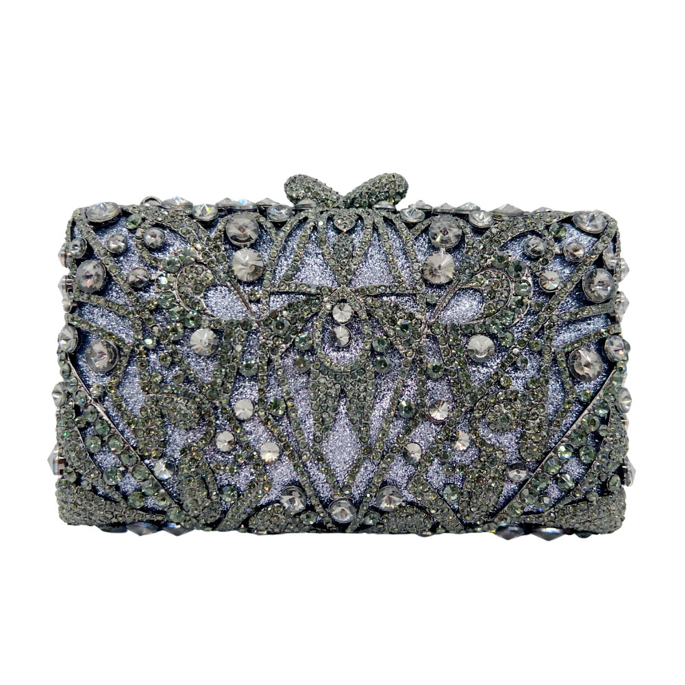Fuente transfronteriza bolsas de cena de diamantes huecadas bolsas de cena de diamantes Europeos y americanos vestidos de banquete bolsas de mano cadena gris
