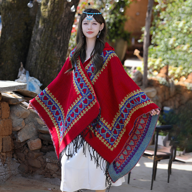 Etnische stijl rode sjaal verdikte warme omslagdoek vrouwen reizen met Yunnan Xinjiang Xizang cape capuchon mantel_voghion.com