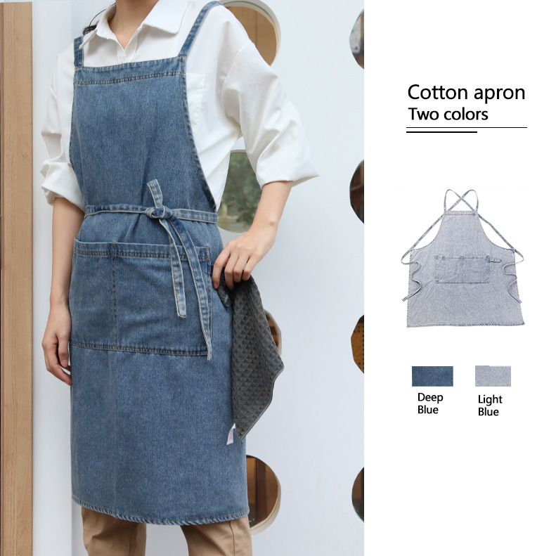 Denim Apron for Kitchen Use, Japanese-Style Workwear, Suitable for Nail Art, Painting, Barista Work, Unisex Apron with Logo Printing