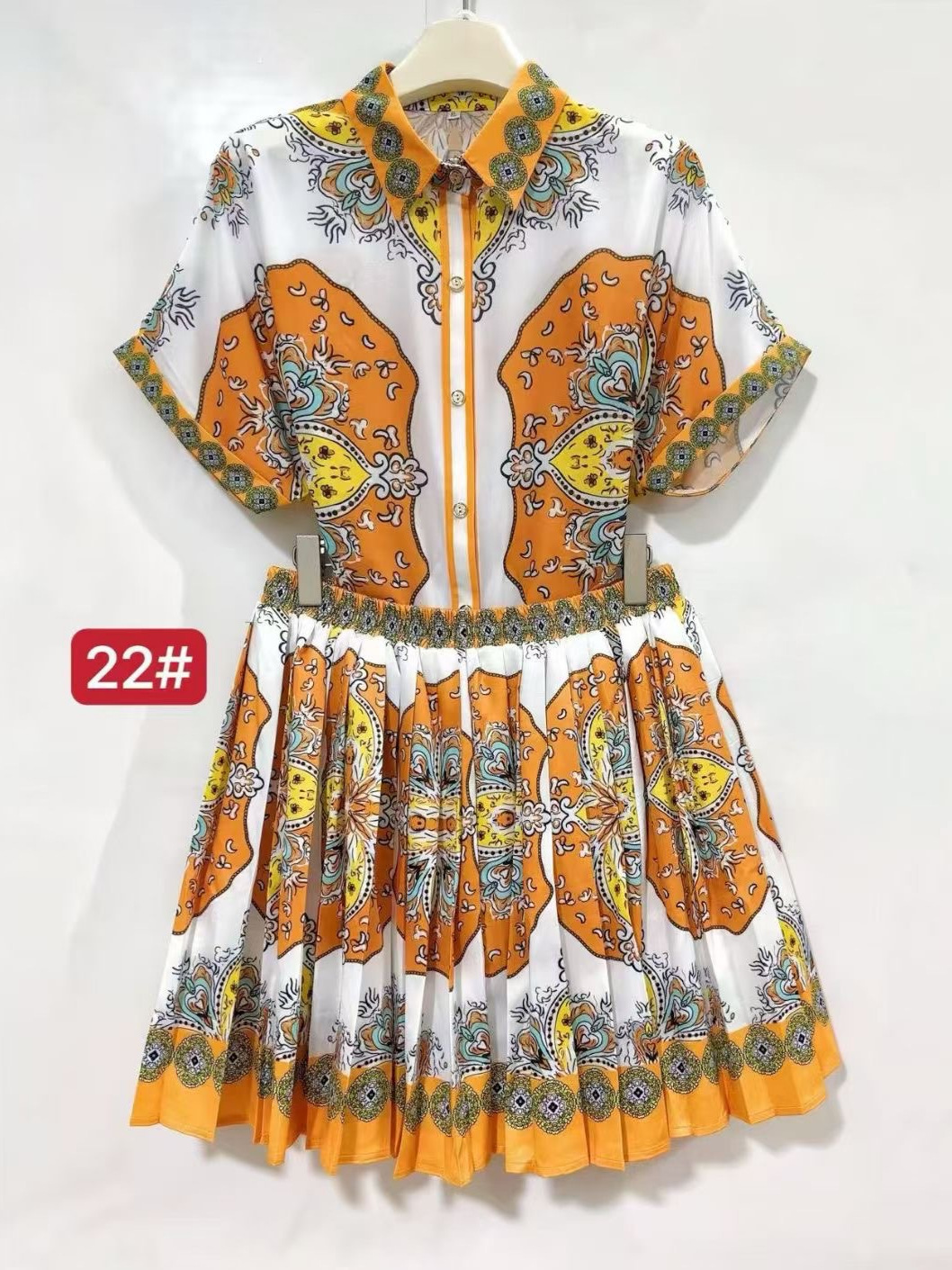 Qadın Retro Həndəsi Çap Qısaqol Köynək və Yubka Dəsti
