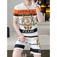 夏季男款套装冰丝薄款欧货提花潮牌短袖t恤五分裤搭配可外穿一套