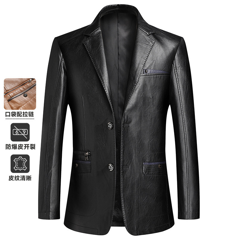 Trendy and Stylish Haining Men's Leather Suit, Fashion Non-Iron Slim-Fit Casual Suit, Plus-Size Leather Suit Jacket