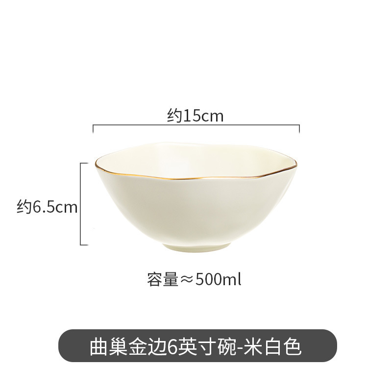 Moderno juego de regalo de tazones de sopa de lujo, diseño creativo de nido curvo irregular con vajilla de cerámica con borde dorado, que incluye platos, tazones y cucharas para uso doméstico.