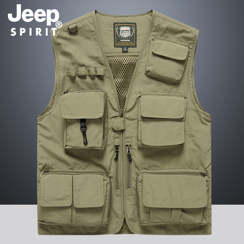 Jeep Spirit Men's Spring and Summer Casual Multi-Pocket Vest Fishing Vest Light Photography Vest Mesh Vest