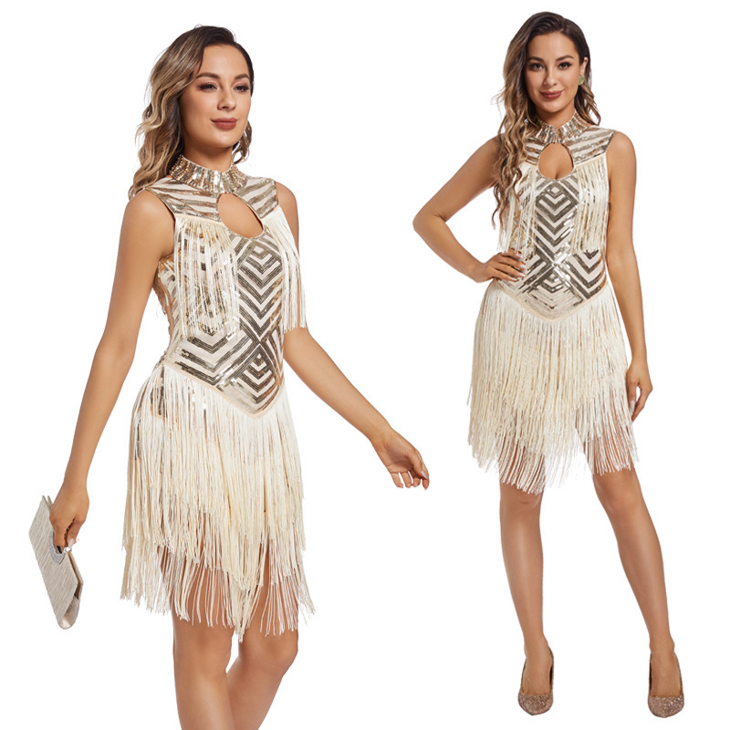 European and American Tassel Sequin dress Retro Amazon Explosions High-end Banquet Cocktail Party Sequin Dress